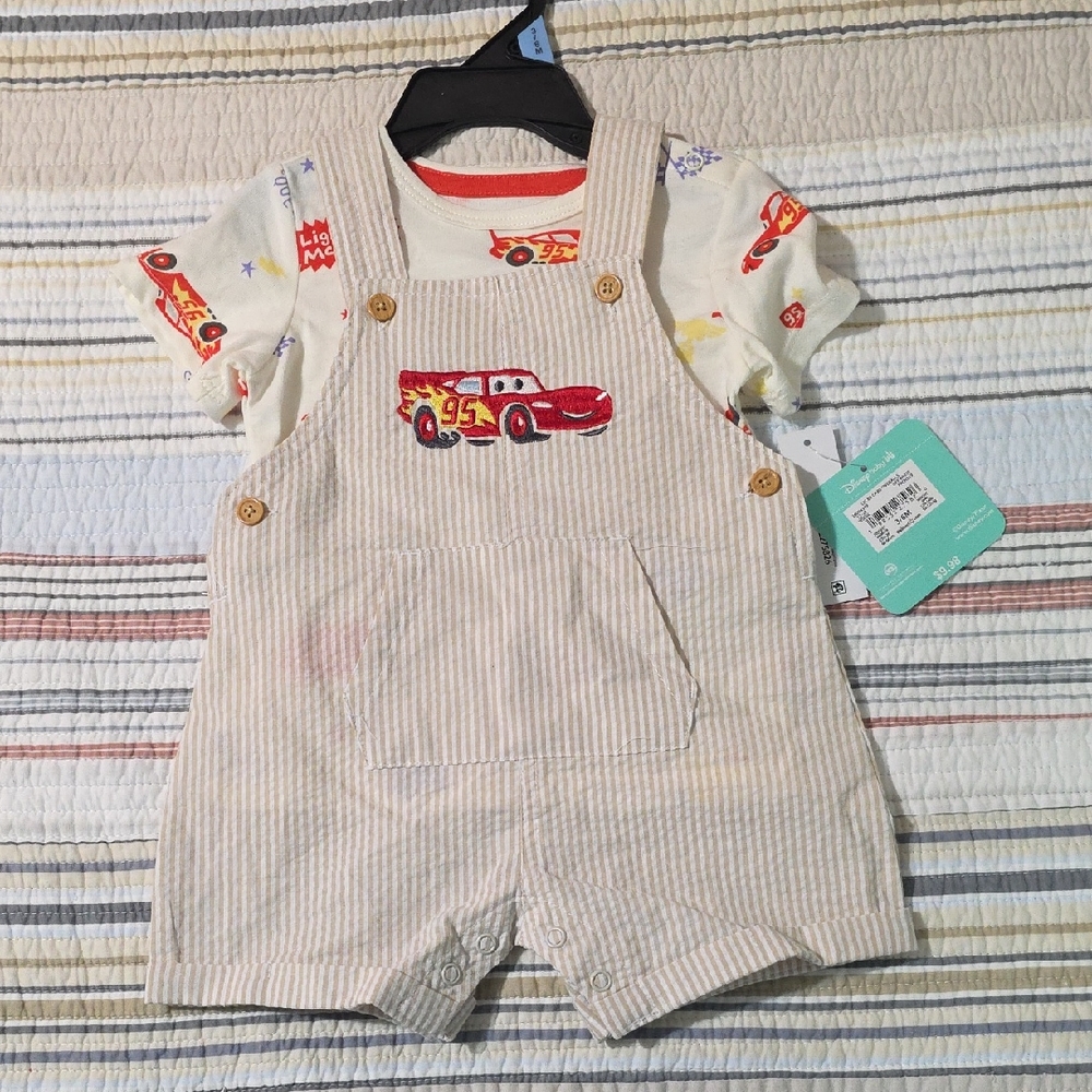 Disney Beige Striped Overalls with Cars T-Shirt